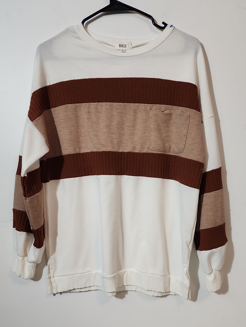 BKE Men’s Cream & Brown Striped Crewneck Sweater